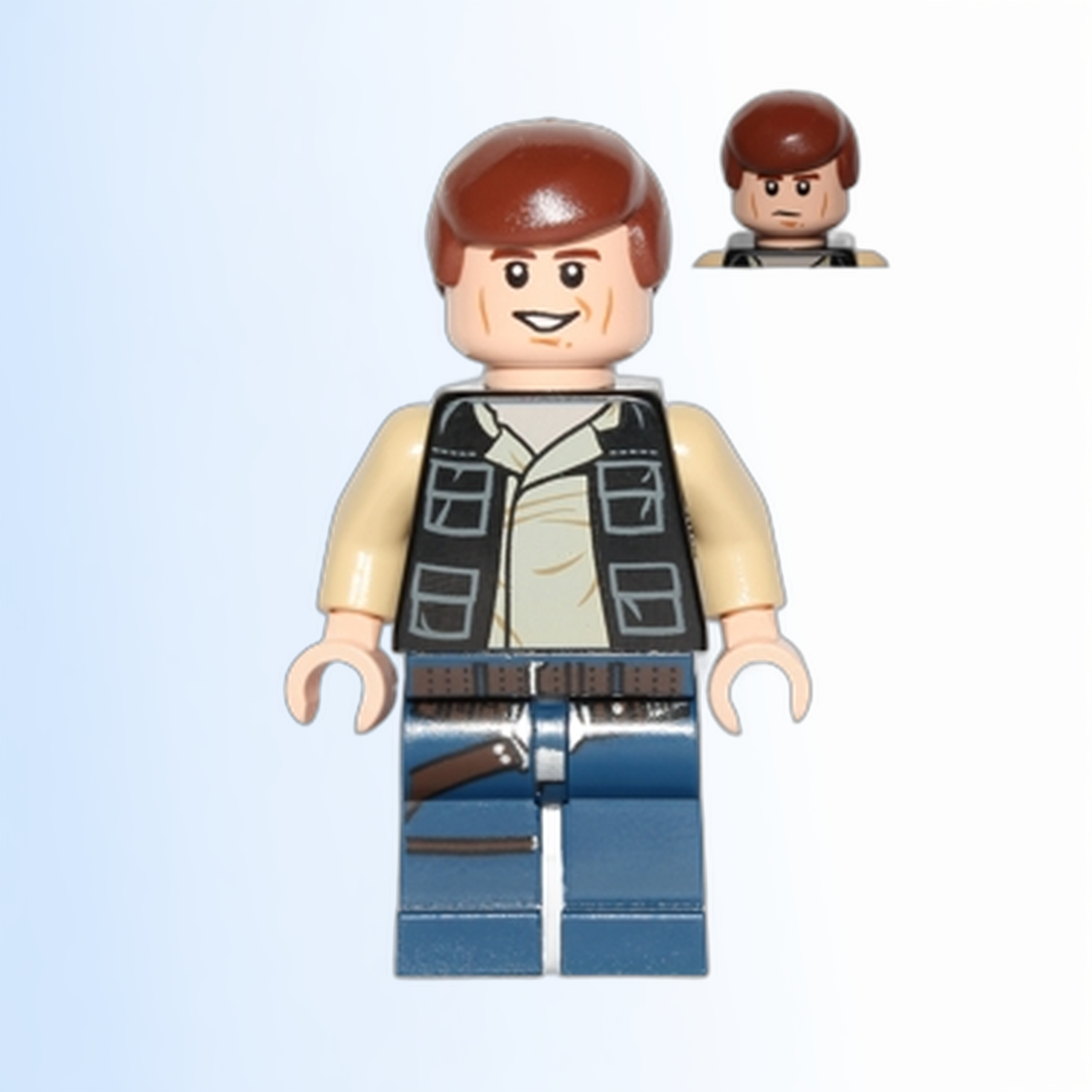 Han Solo - Black Vest with Pockets over Tan Shirt with Dark Tan Creases, Dark Blue Legs with Belts, Smooth Hair - sw0539