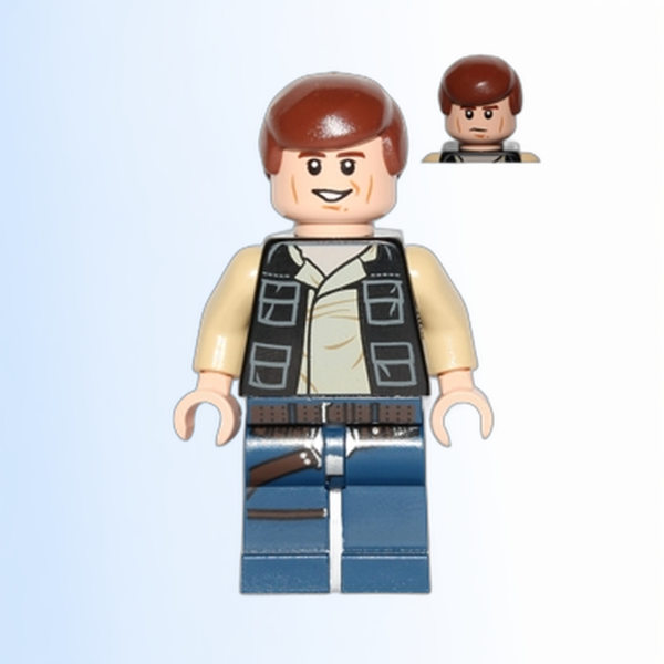 Han Solo - Black Vest with Pockets over Tan Shirt with Dark Tan Creases, Dark Blue Legs with Belts, Smooth Hair - sw0539