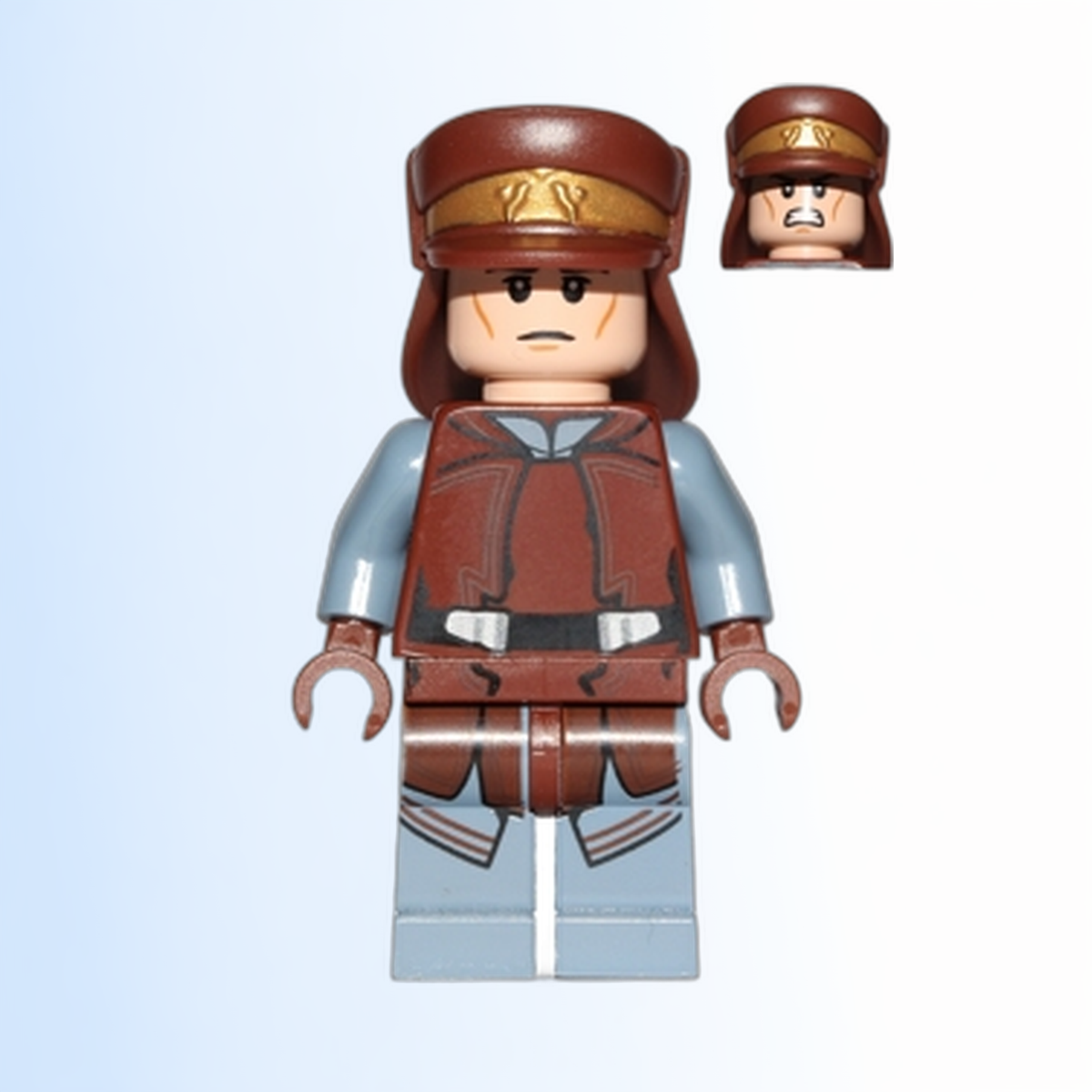 Naboo Security Officer - Reddish Brown and Sand Blue Uniform, Light Nougat Head, Hat with Neck Protector - sw0638