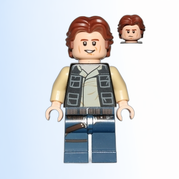 Han Solo - Black Vest with Pockets over Tan Shirt with Dark Tan Creases, Dark Blue Legs with Belts, Wavy Hair - sw0771