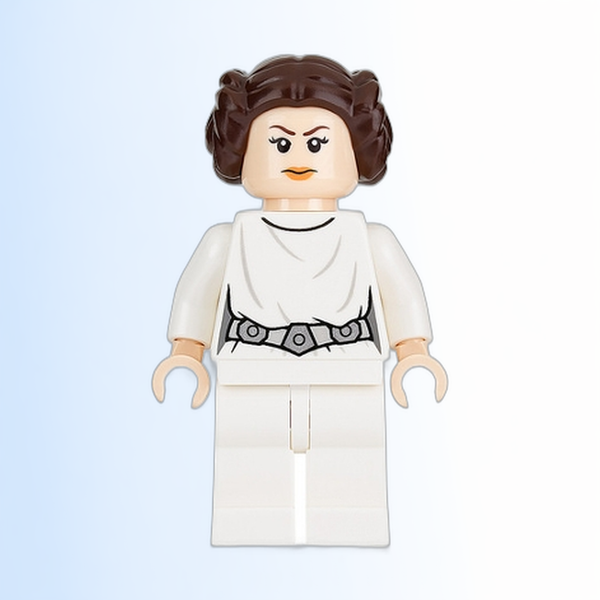 Princess Leia - White Dress, Detailed Belt with 3 Emblems, White Legs, Angry Frown / Lopsided Grin - sw0779