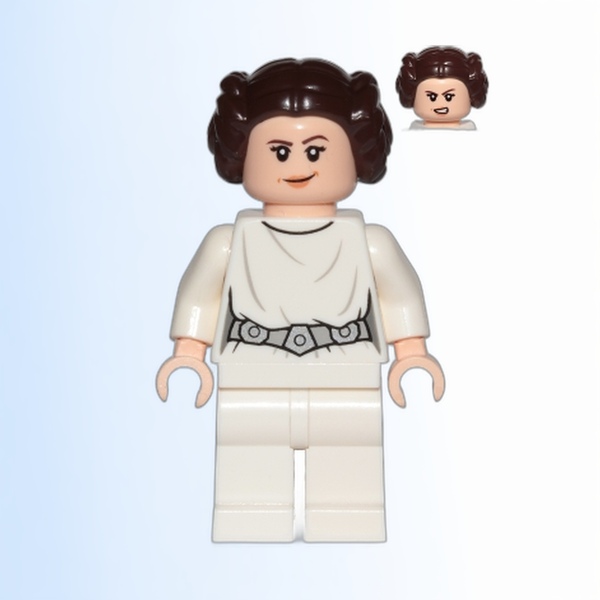 Princess Leia - White Dress, Detailed Belt with 3 Emblems, White Legs, Lopsided Grin / Angry Open Mouth Scowl - sw0994