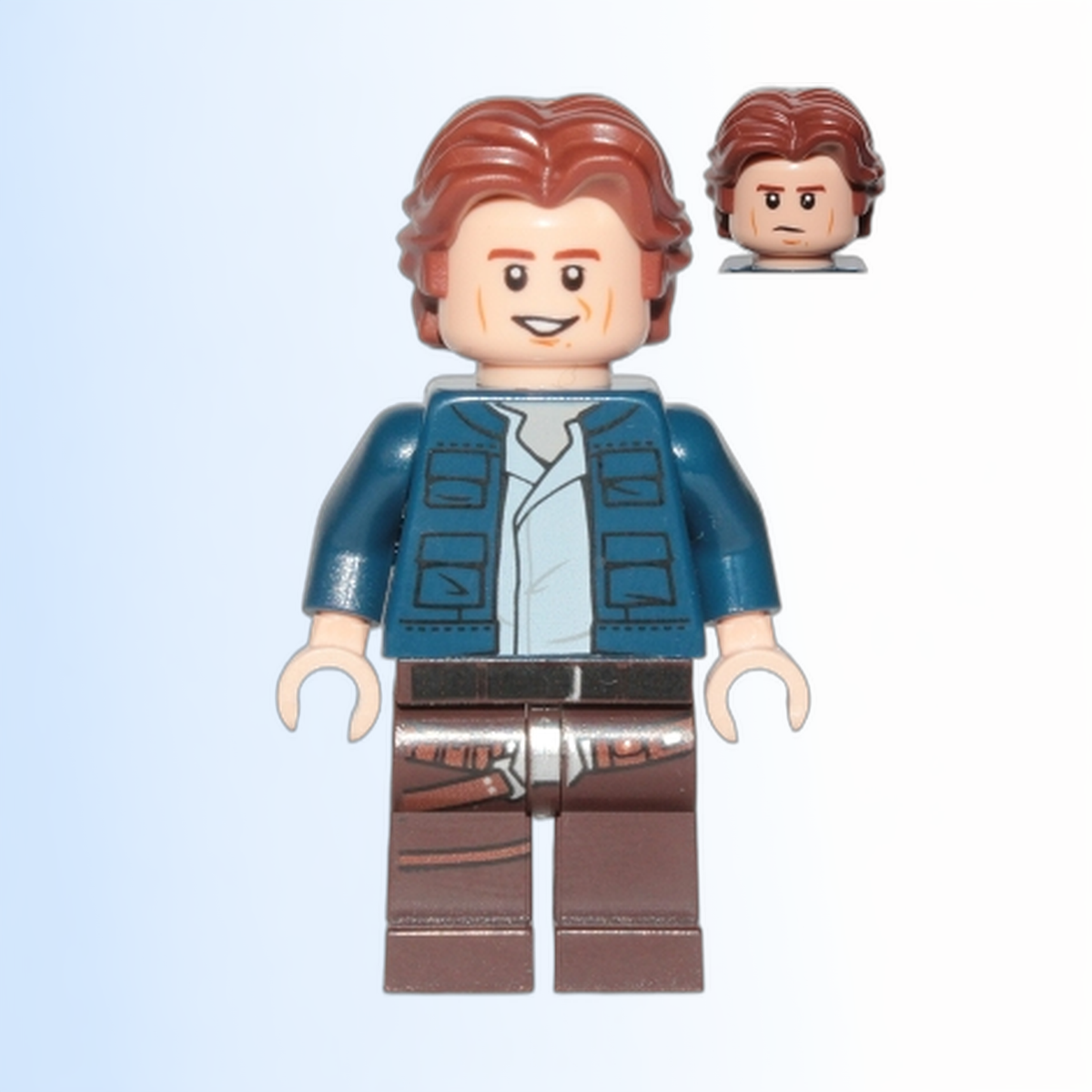 Han Solo, Dark Brown Legs with Holster Pattern, Dark Blue Jacket, Wavy Hair, Smile / Frown - sw1021