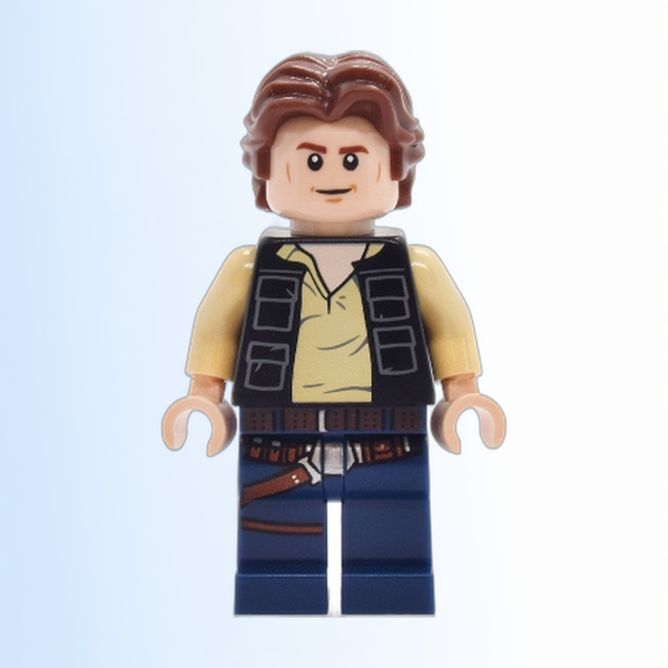 Han Solo - Black Vest with Pockets over Tan Shirt with Dark Bluish Gray Creases, Dark Blue Legs with Belts - sw1457